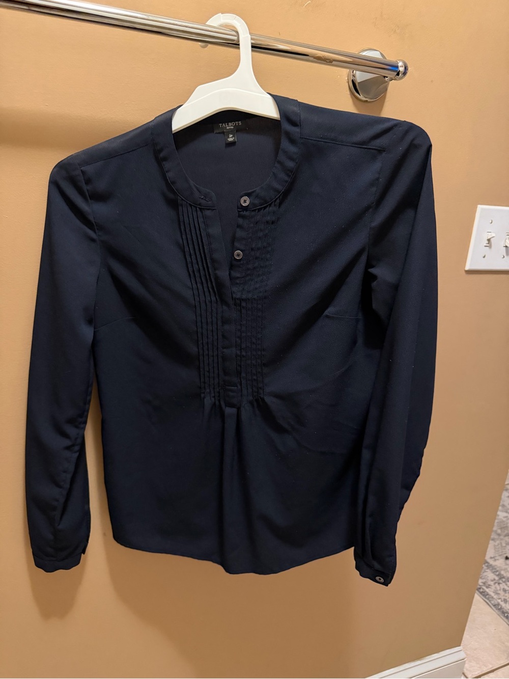 Talbots Navy Pintuck Front Long-Sleeve Top